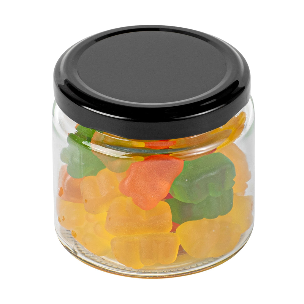 Vetri 6 oz Clear Glass Jar - with Black Metal Lid - 2 3/4" x 2 3/4" x 2 1/2" - 10 count box