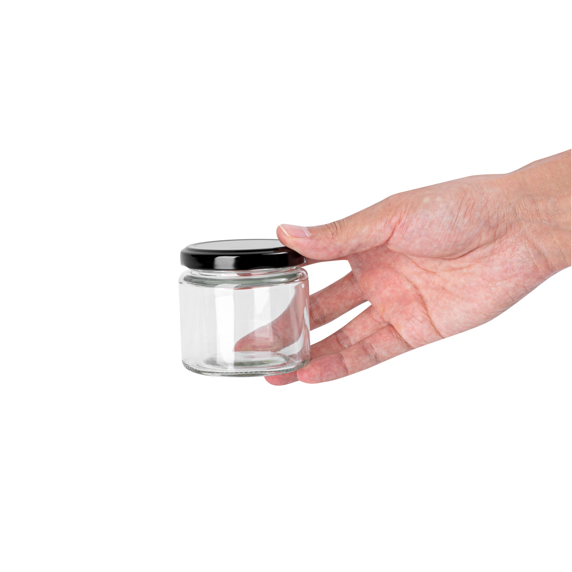 Vetri 6 oz Clear Glass Jar - with Black Metal Lid - 2 3/4" x 2 3/4" x 2 1/2" - 10 count box