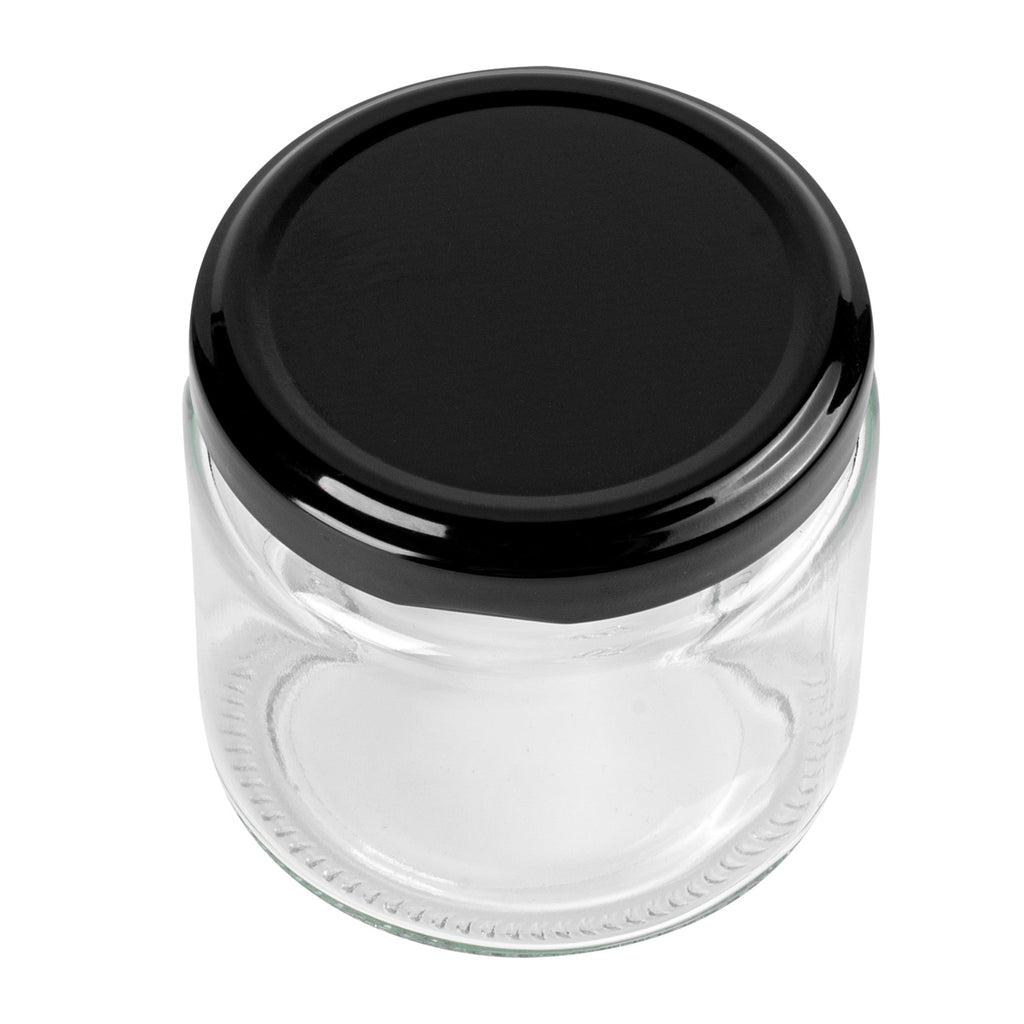 Vetri 6 oz Clear Glass Jar - with Black Metal Lid - 2 3/4" x 2 3/4" x 2 1/2" - 10 count box