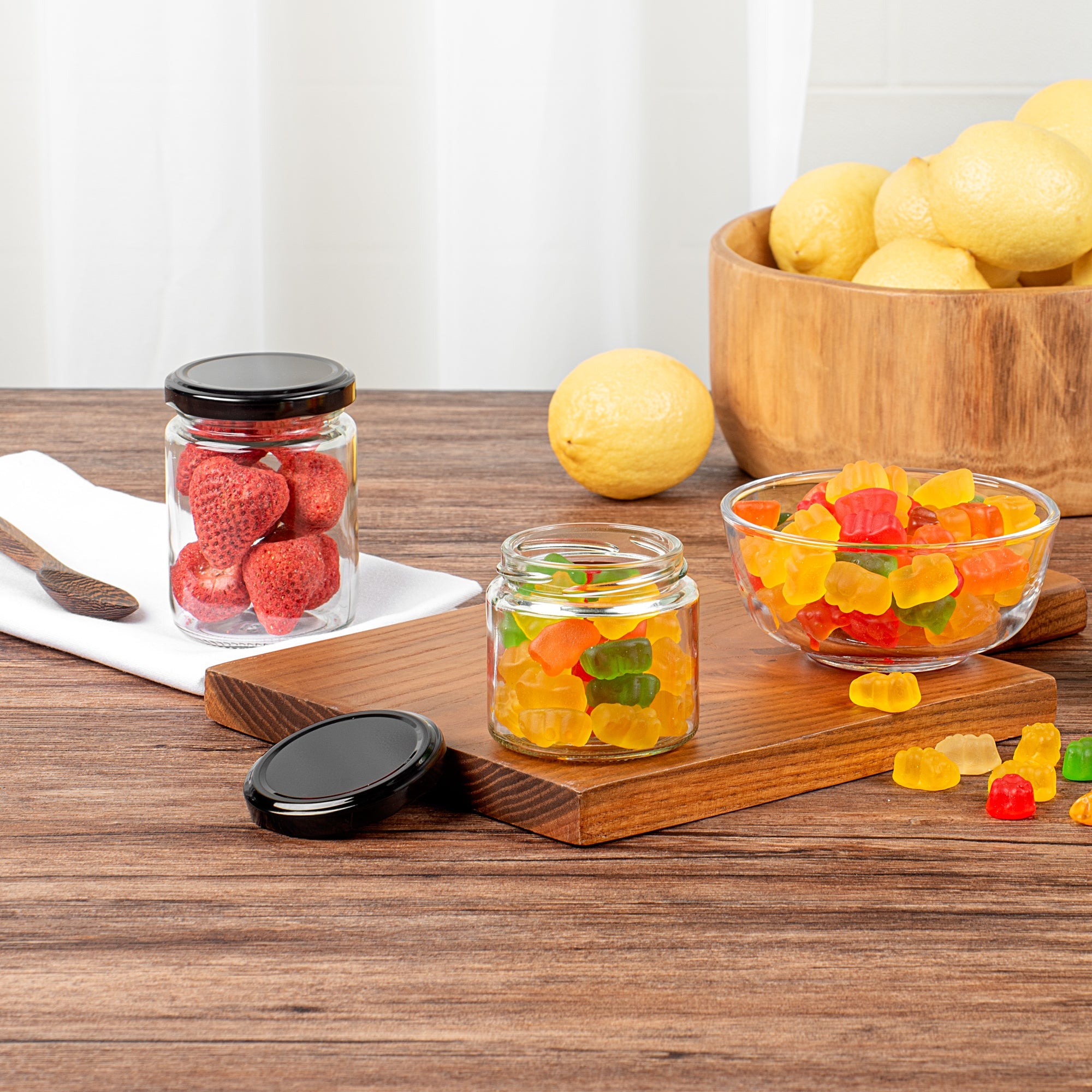 Vetri 6 oz Clear Glass Jar - with Black Metal Lid - 2 3/4" x 2 3/4" x 2 1/2" - 10 count box