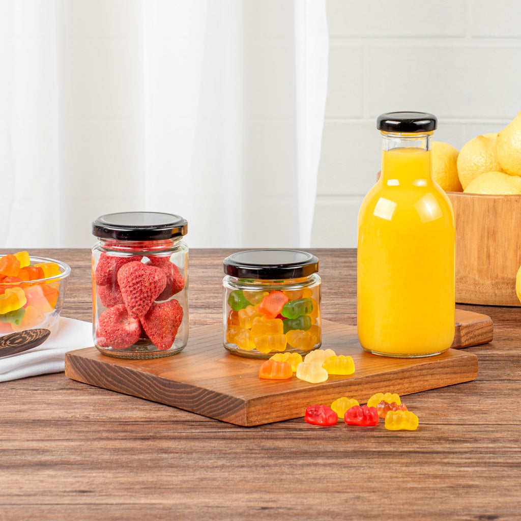 Vetri 6 oz Clear Glass Jar - with Black Metal Lid - 2 3/4" x 2 3/4" x 2 1/2" - 10 count box