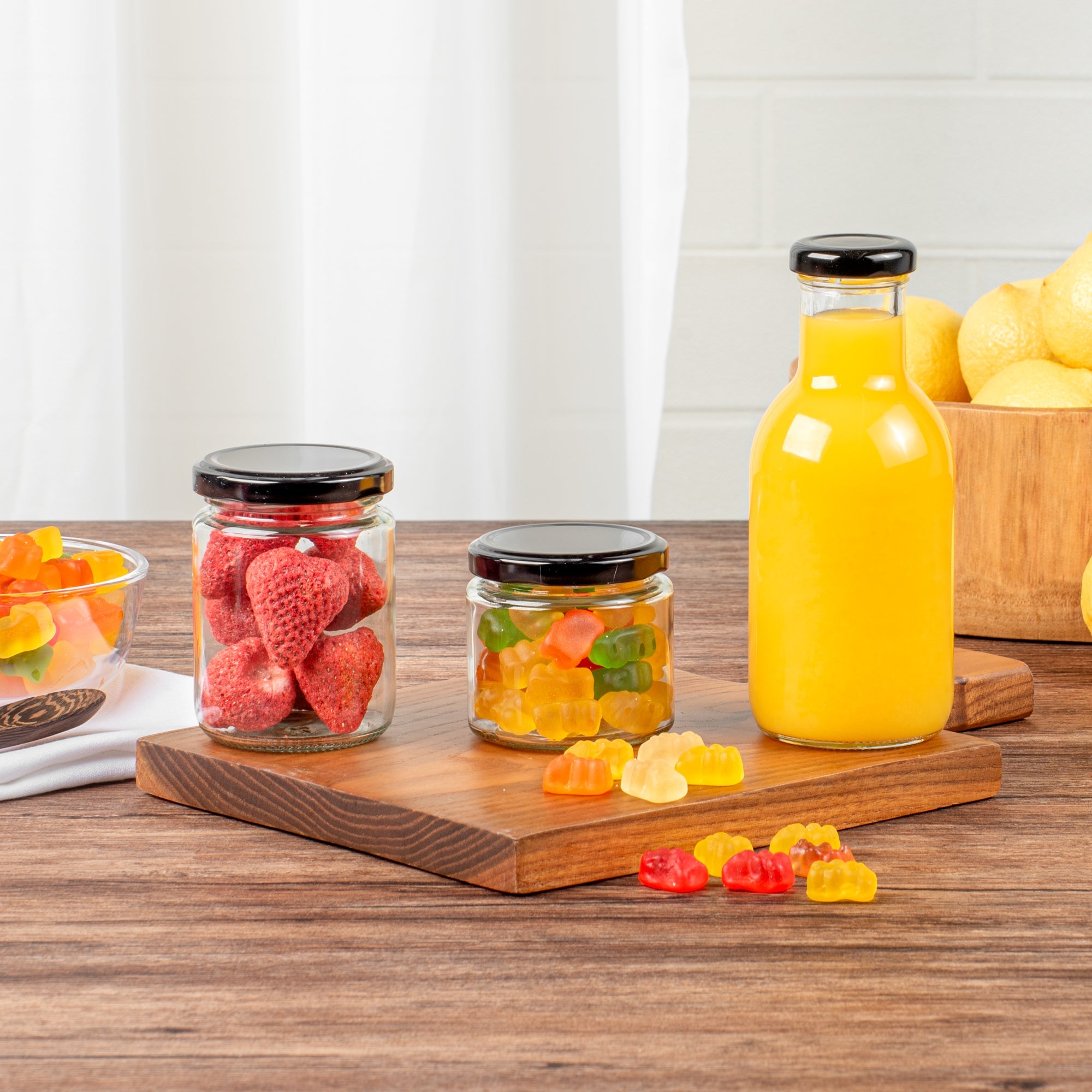 Vetri 6 oz Clear Glass Jar - with Black Metal Lid - 2 3/4" x 2 3/4" x 2 1/2" - 10 count box