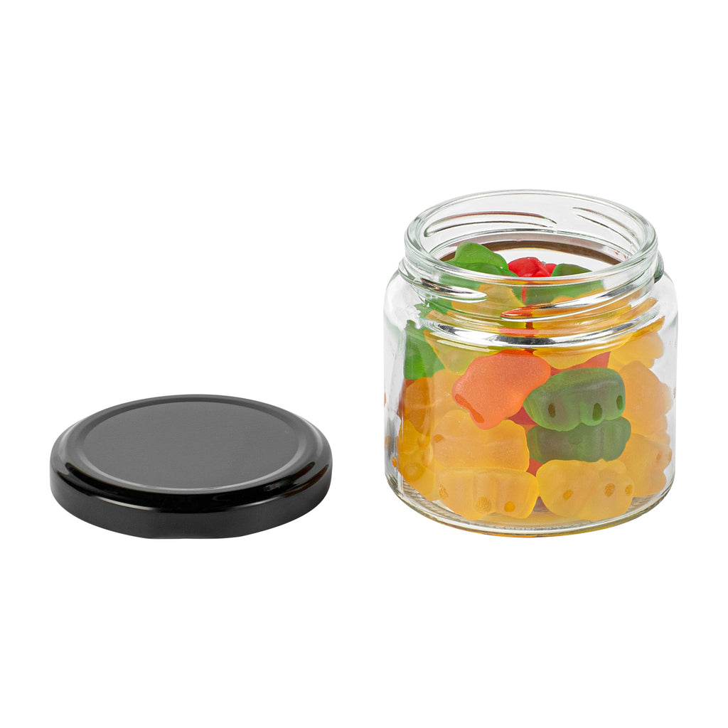 Vetri 6 oz Clear Glass Jar - with Black Metal Lid - 2 3/4" x 2 3/4" x 2 1/2" - 100 count box