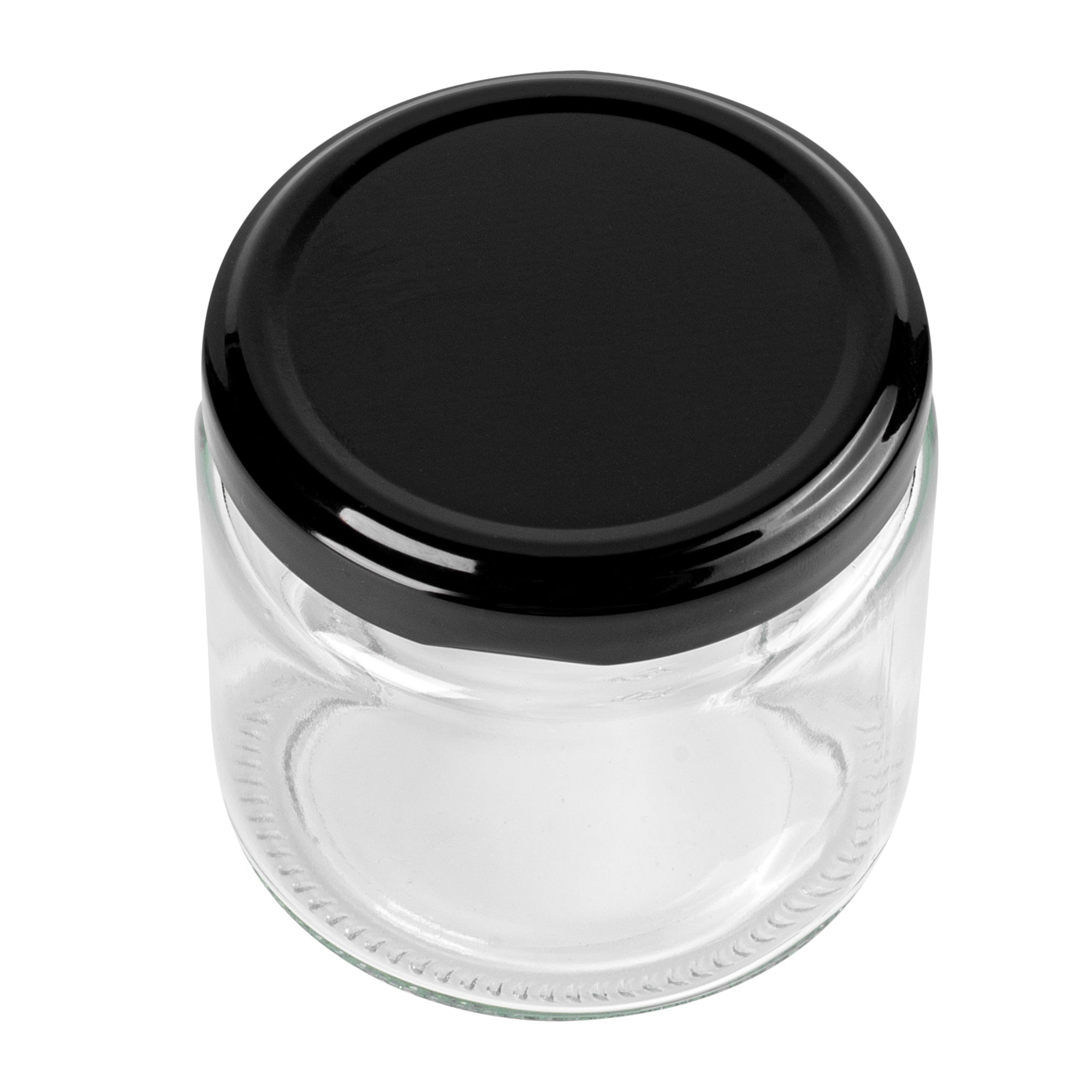 Vetri 6 oz Clear Glass Jar - with Black Metal Lid - 2 3/4" x 2 3/4" x 2 1/2" - 100 count box