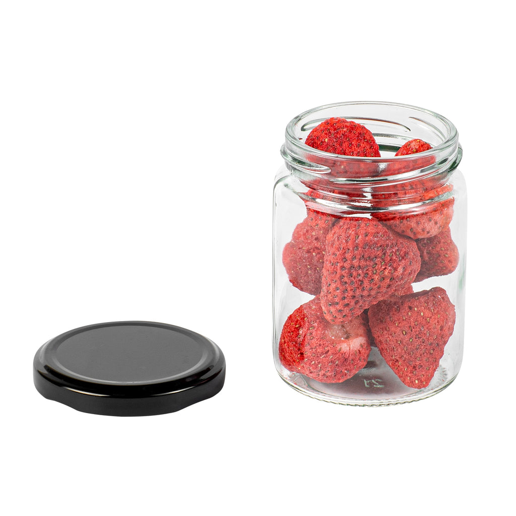 Vetri 8 oz Clear Glass Jar - with Black Metal Lid - 2 3/4" x 2 3/4" x 3 3/4" - 10 count box