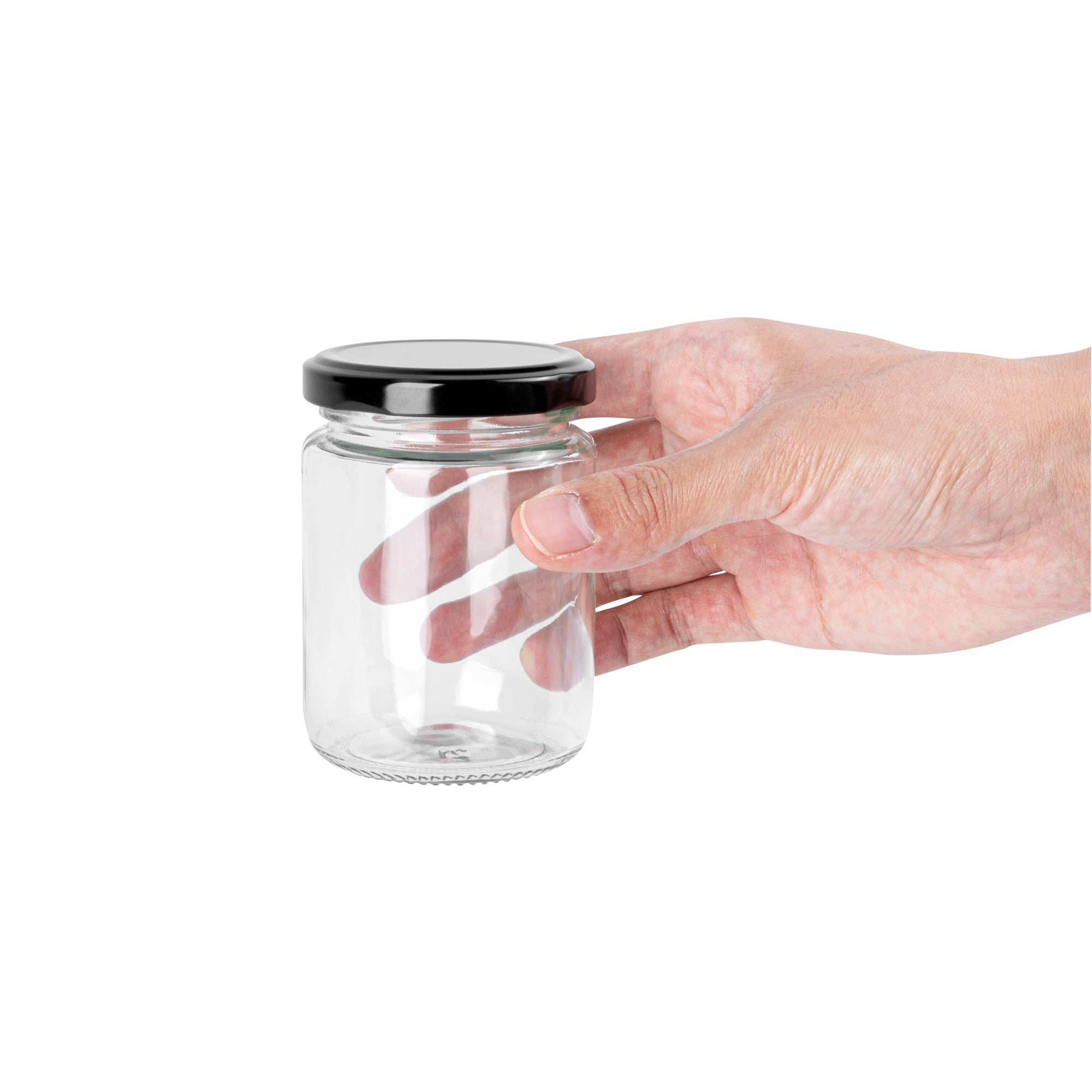 Vetri 8 oz Clear Glass Jar - with Black Metal Lid - 2 3/4" x 2 3/4" x 3 3/4" - 100 count box
