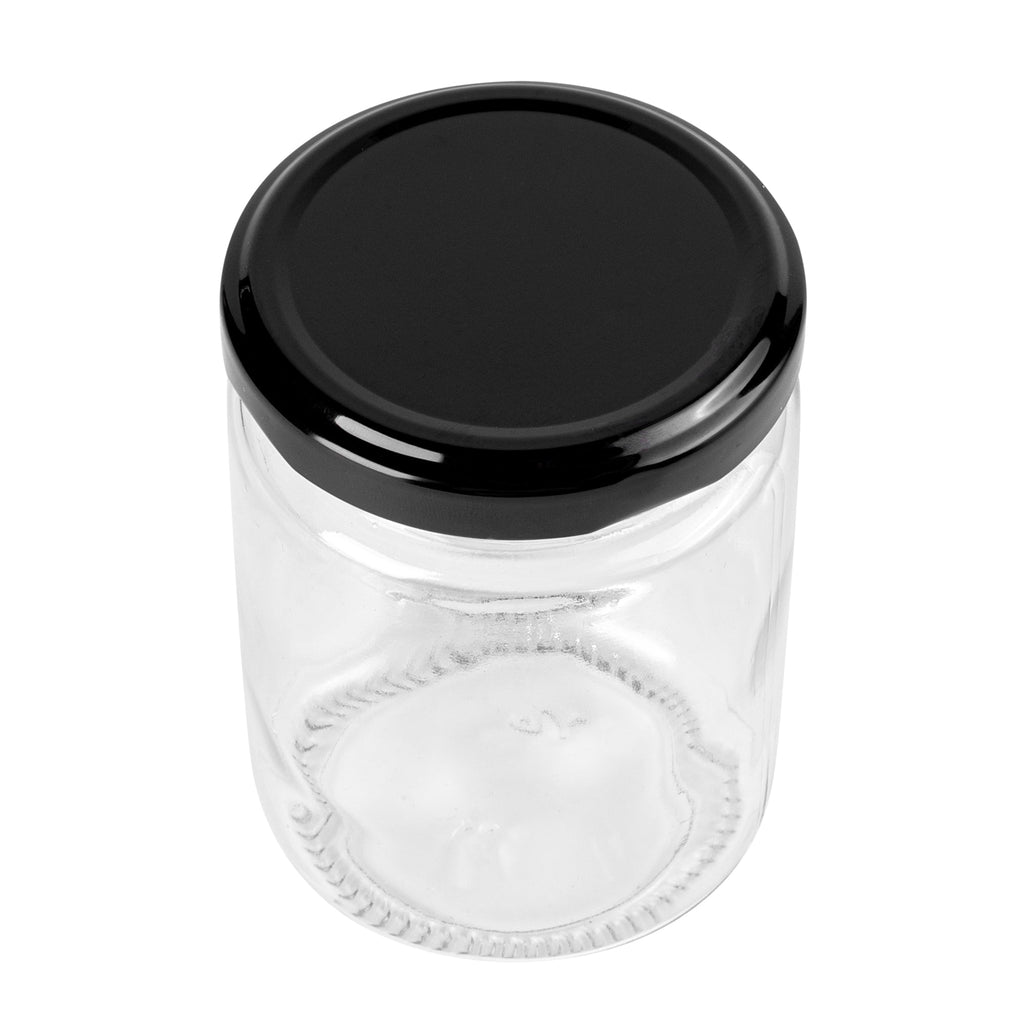 Vetri 8 oz Clear Glass Jar - with Black Metal Lid - 2 3/4" x 2 3/4" x 3 3/4" - 100 count box