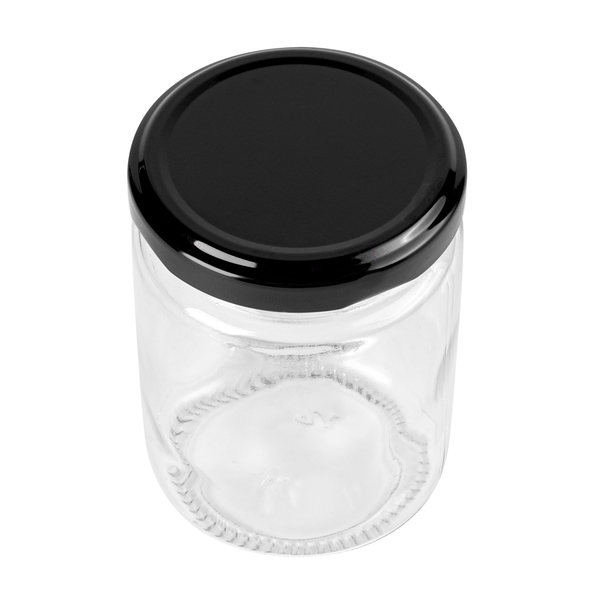 Vetri 8 oz Clear Glass Jar - with Black Metal Lid - 2 3/4" x 2 3/4" x 3 3/4" - 100 count box