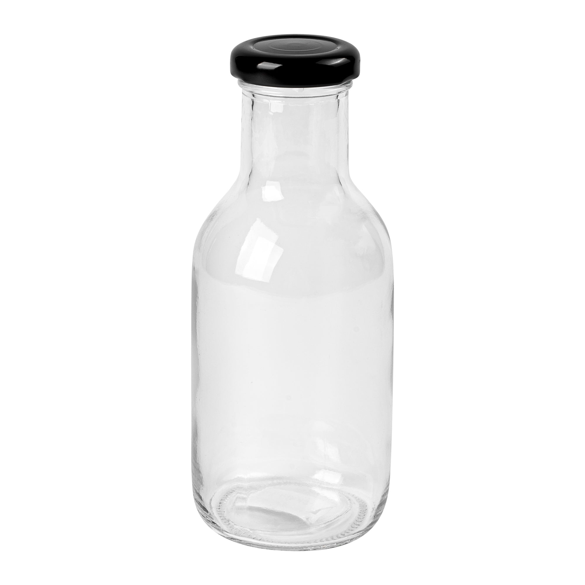 Vetri 12 oz Clear Glass Stout Bottle - with Black Metal Lid - 2 1/2" x 2 1/2" x 6 1/2" - 10 count box