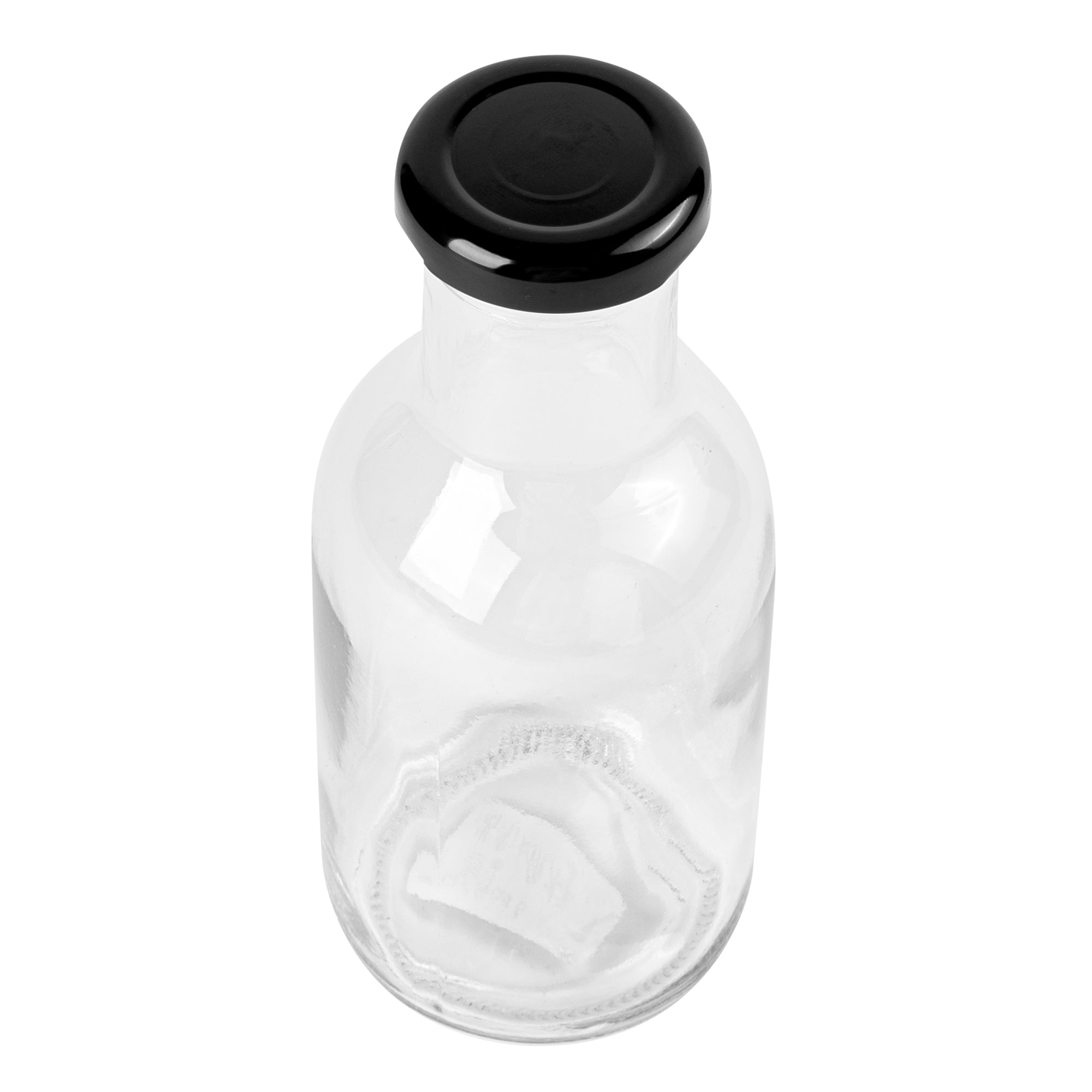 Vetri 12 oz Clear Glass Stout Bottle - with Black Metal Lid - 2 1/2" x 2 1/2" x 6 1/2" - 10 count box