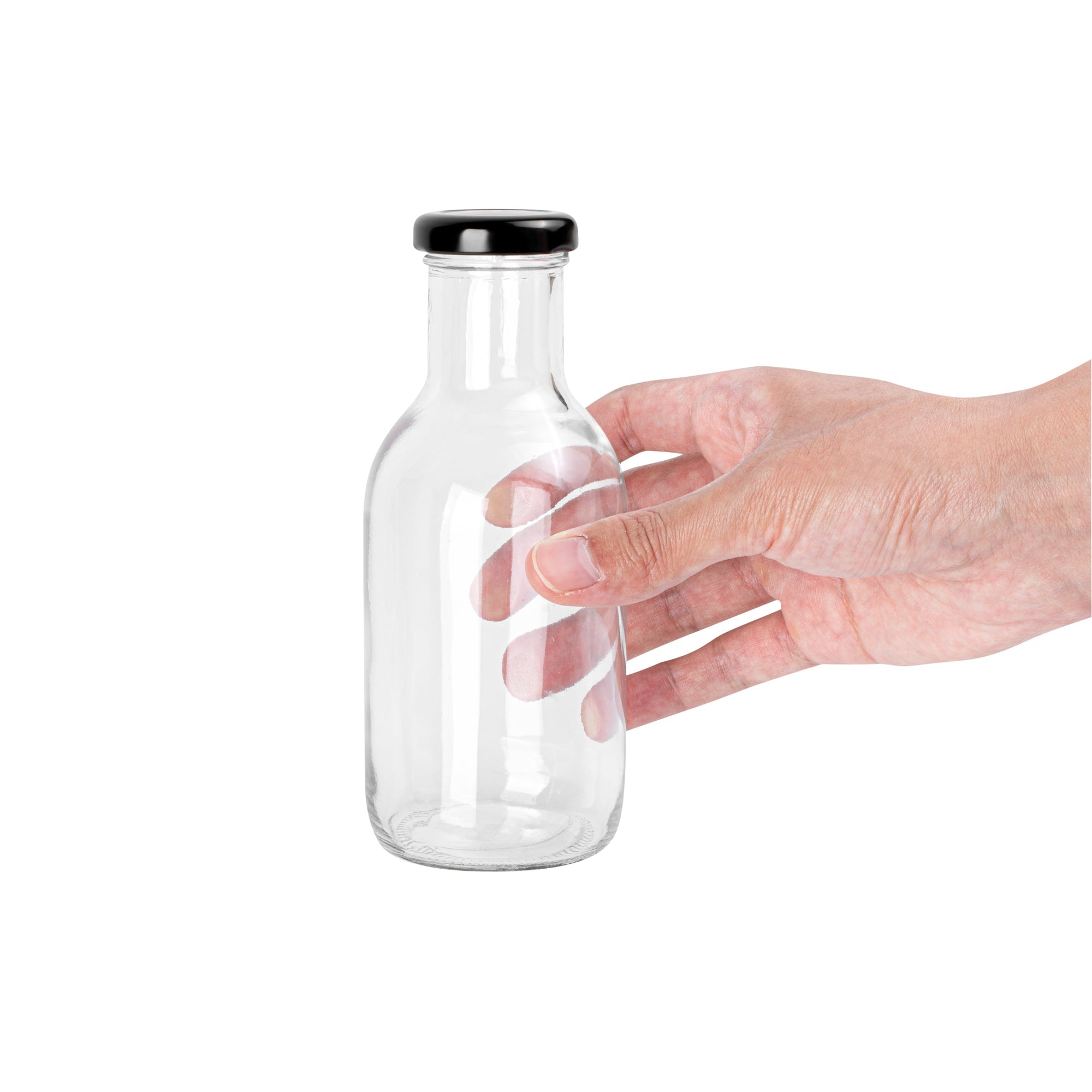 Vetri 12 oz Clear Glass Stout Bottle - with Black Metal Lid - 2 1/2" x 2 1/2" x 6 1/2" - 100 count box