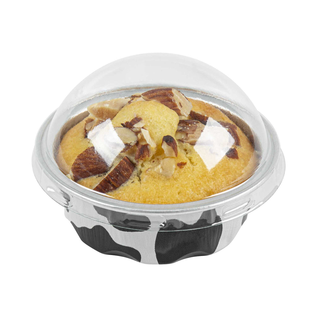 Pastry Tek 2 oz Round Cow Lines Aluminum Baking Cup - with Plastic Dome Lid - 2 3/4" x 2 3/4" x 1" - 100 count box