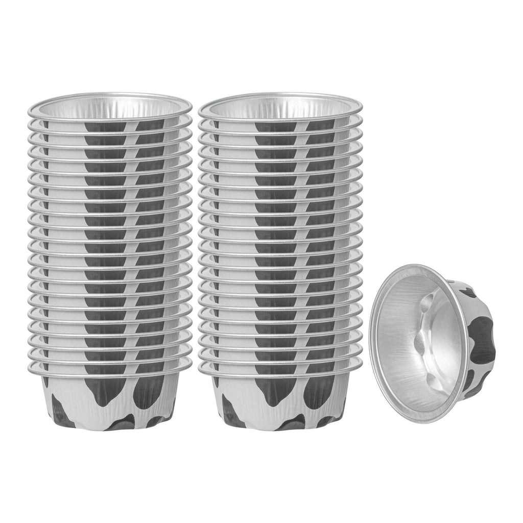 Pastry Tek 2 oz Round Cow Lines Aluminum Baking Cup - with Plastic Dome Lid - 2 3/4" x 2 3/4" x 1" - 100 count box