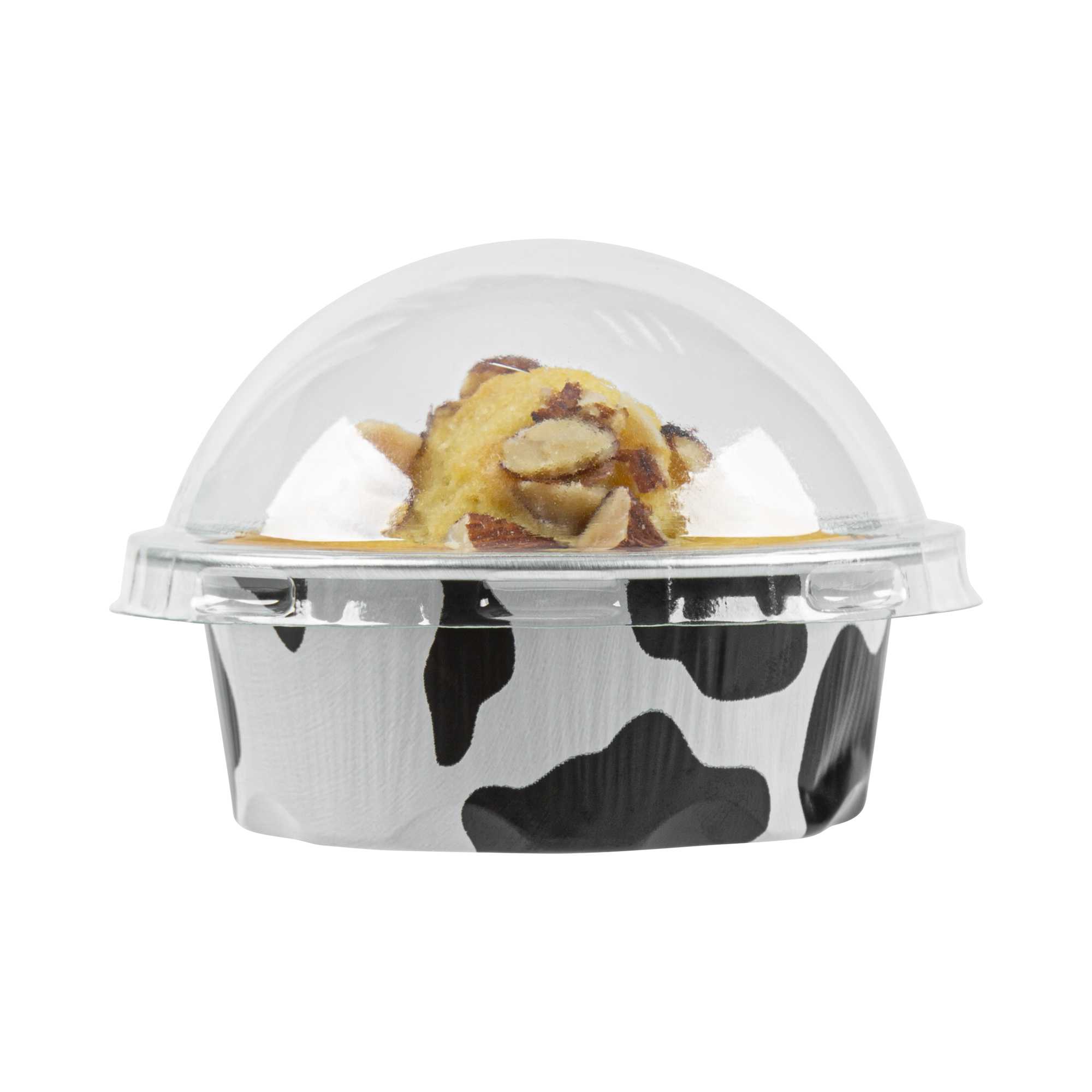 Pastry Tek 2 oz Round Cow Lines Aluminum Baking Cup - with Plastic Dome Lid - 2 3/4" x 2 3/4" x 1" - 100 count box