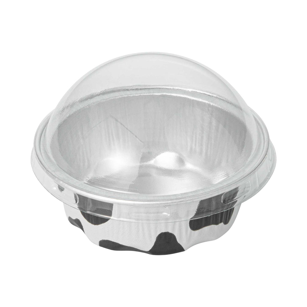 Pastry Tek 2 oz Round Cow Lines Aluminum Baking Cup - with Plastic Dome Lid - 2 3/4" x 2 3/4" x 1" - 100 count box