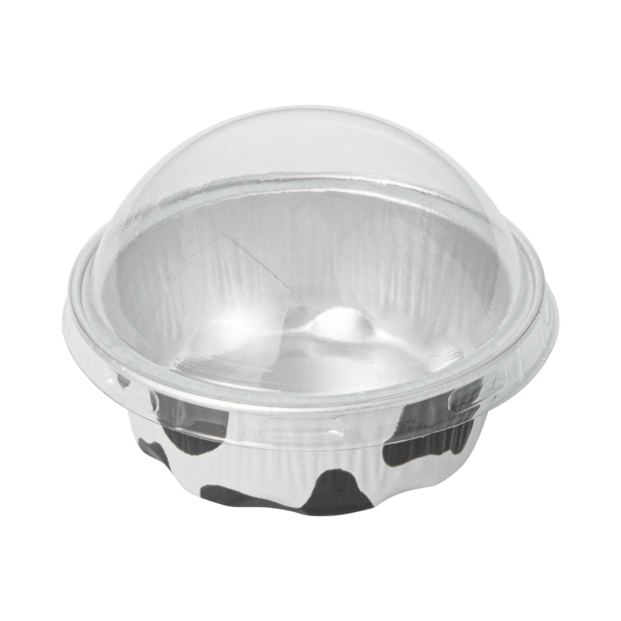 Pastry Tek 2 oz Round Cow Lines Aluminum Baking Cup - with Plastic Dome Lid - 2 3/4" x 2 3/4" x 1" - 100 count box