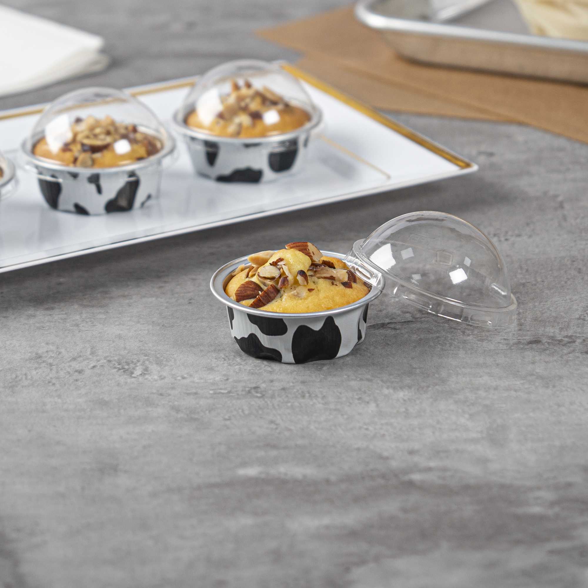 Pastry Tek 2 oz Round Cow Lines Aluminum Baking Cup - with Plastic Dome Lid - 2 3/4" x 2 3/4" x 1" - 100 count box