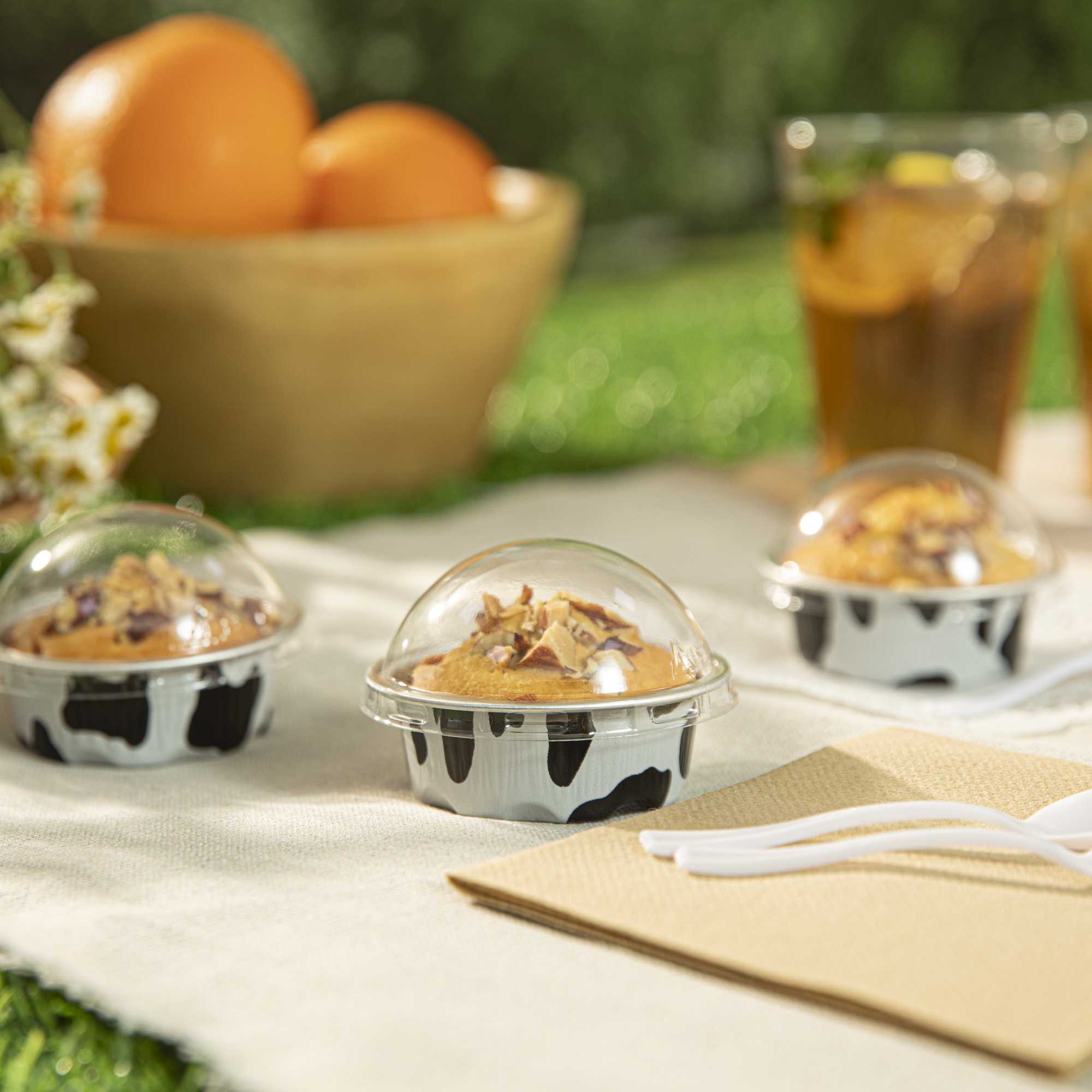 Pastry Tek 2 oz Round Cow Lines Aluminum Baking Cup - with Plastic Dome Lid - 2 3/4" x 2 3/4" x 1" - 100 count box