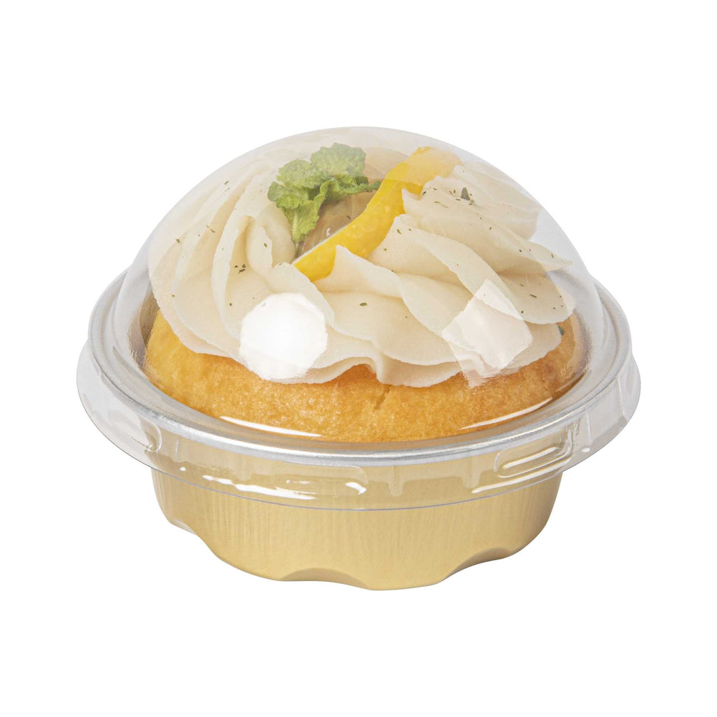 Pastry Tek 2 oz Round Gold Aluminum Baking Cup - with Plastic Dome Lid - 2 3/4" x 2 3/4" x 1" - 100 count box