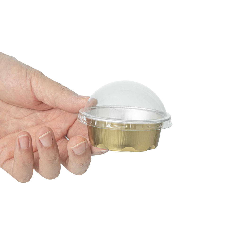 Pastry Tek 2 oz Round Gold Aluminum Baking Cup - with Plastic Dome Lid - 2 3/4" x 2 3/4" x 1" - 100 count box