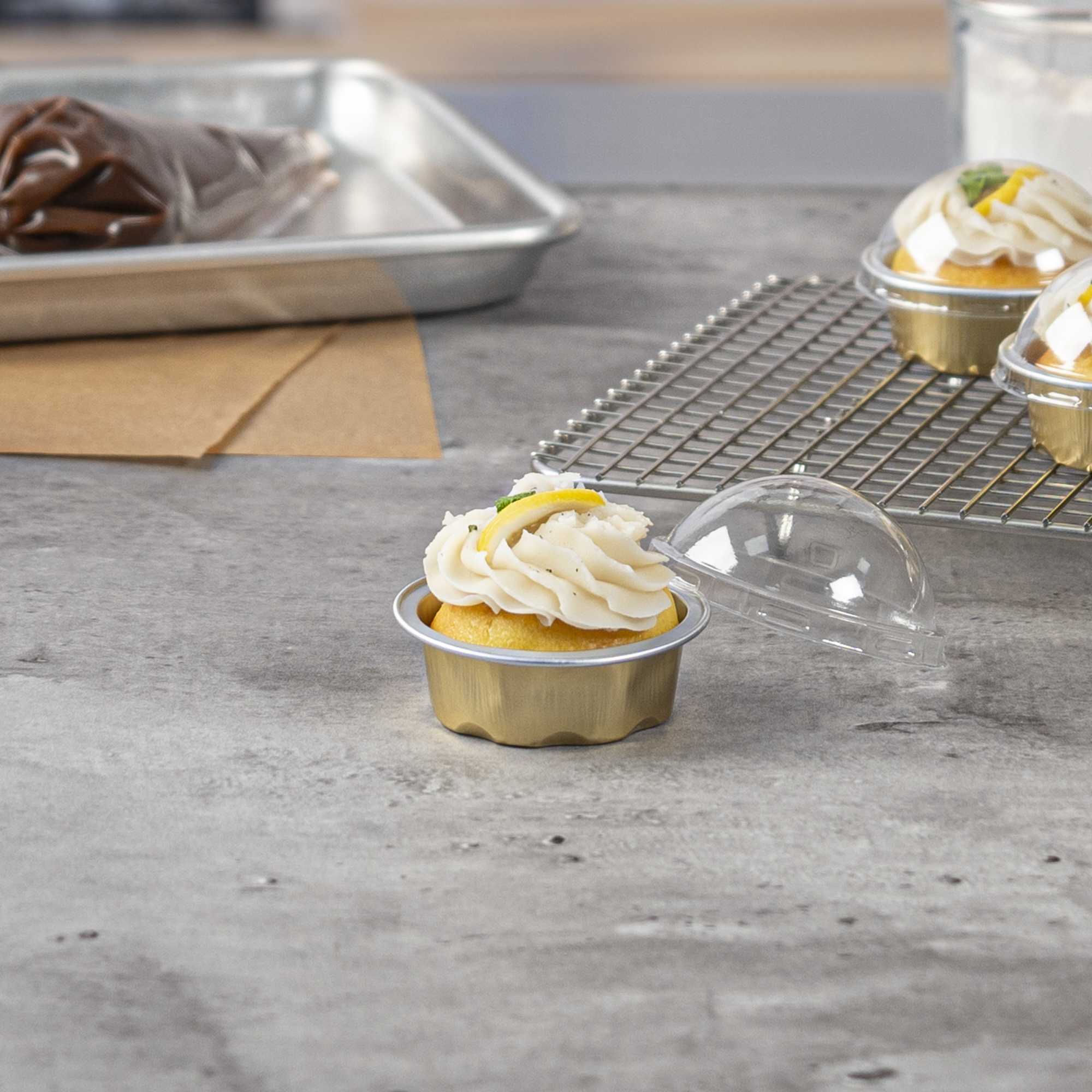 Pastry Tek 2 oz Round Gold Aluminum Baking Cup - with Plastic Dome Lid - 2 3/4" x 2 3/4" x 1" - 100 count box