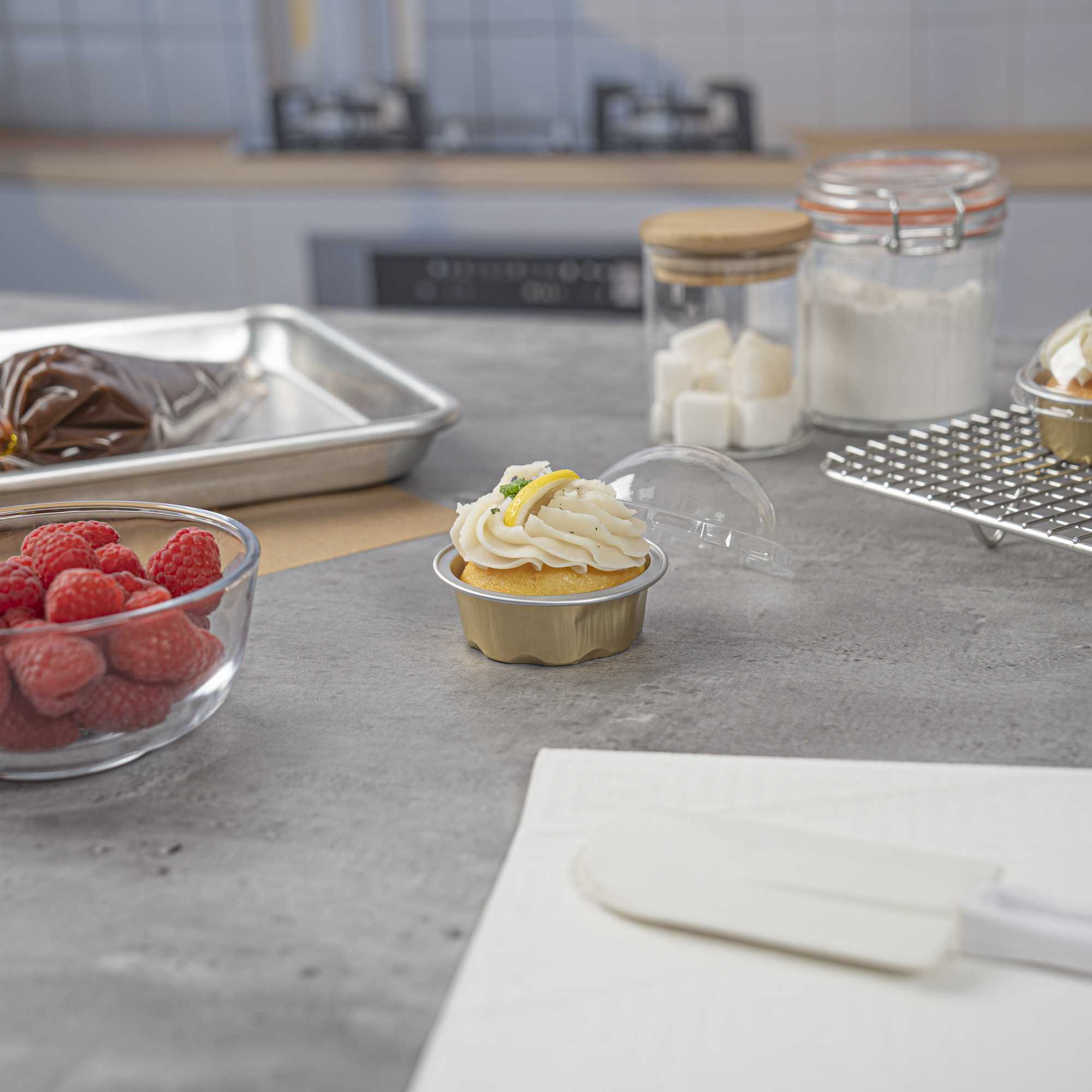 Pastry Tek 2 oz Round Gold Aluminum Baking Cup - with Plastic Dome Lid - 2 3/4" x 2 3/4" x 1" - 100 count box