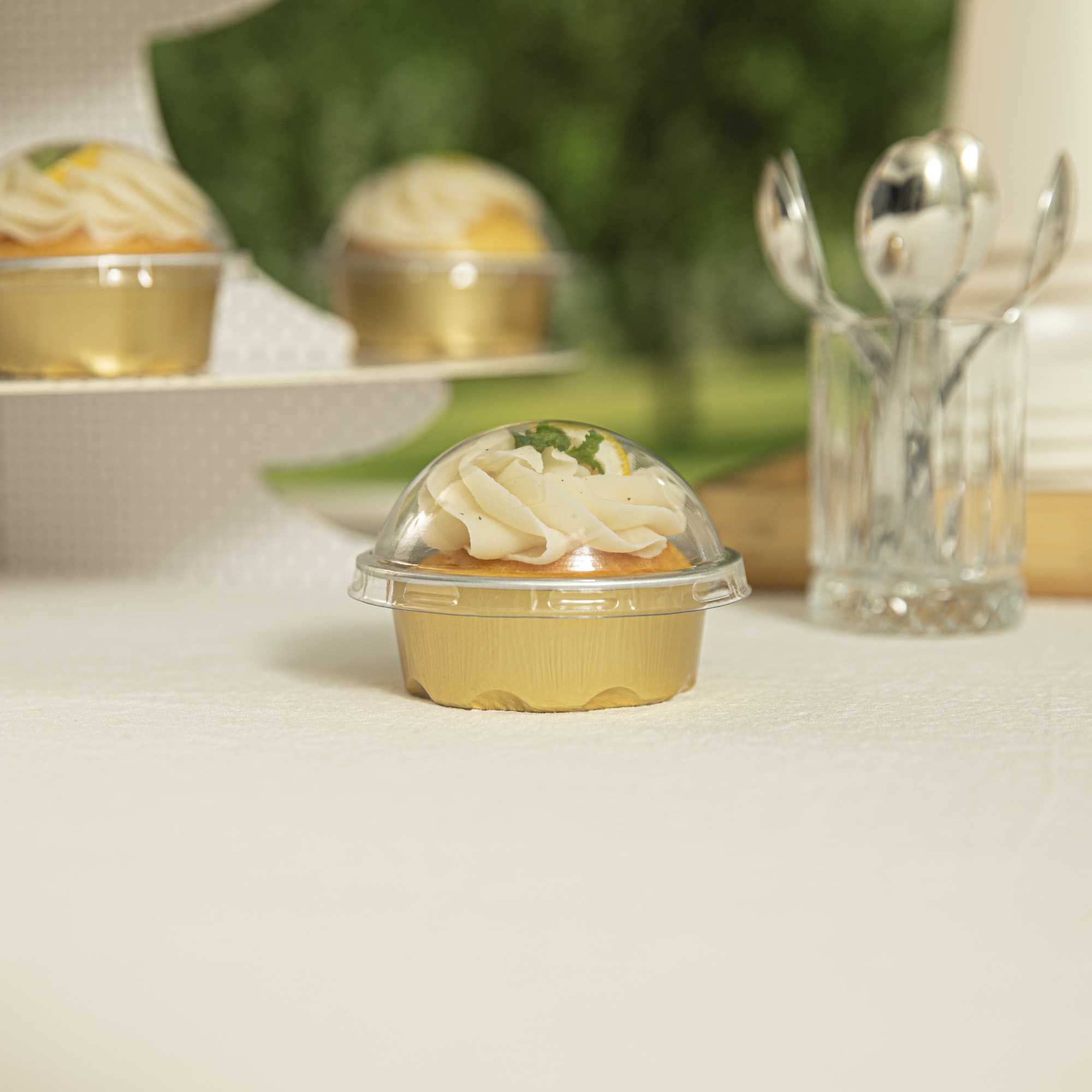 Pastry Tek 2 oz Round Gold Aluminum Baking Cup - with Plastic Dome Lid - 2 3/4" x 2 3/4" x 1" - 100 count box