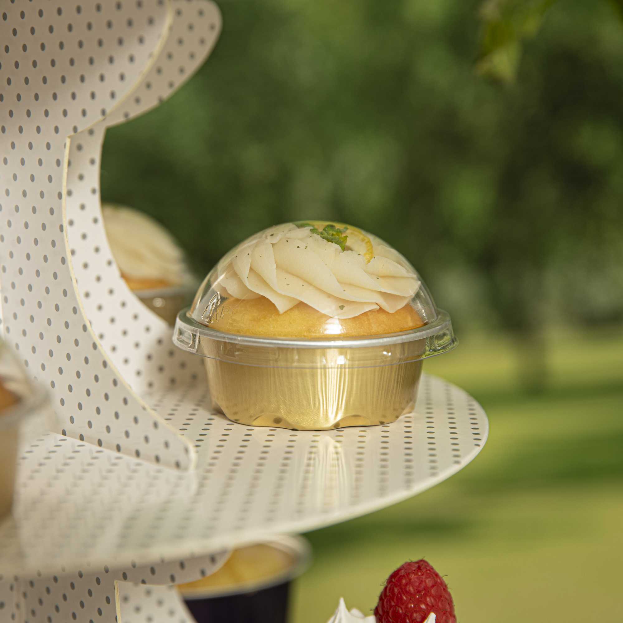 Pastry Tek 2 oz Round Gold Aluminum Baking Cup - with Plastic Dome Lid - 2 3/4" x 2 3/4" x 1" - 100 count box