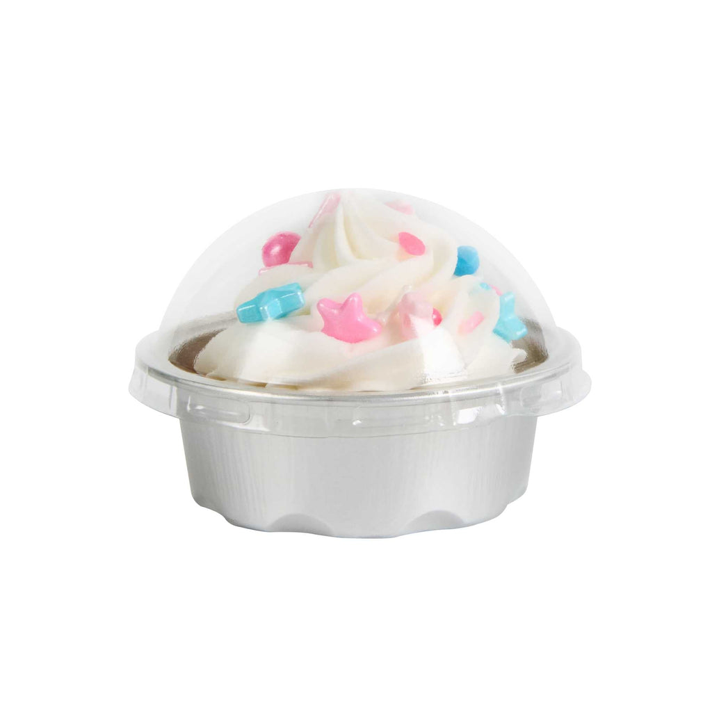 Pastry Tek 2 oz Round Silver Aluminum Baking Cup - with Plastic Dome Lid - 2 3/4" x 2 3/4" x 1" - 100 count box