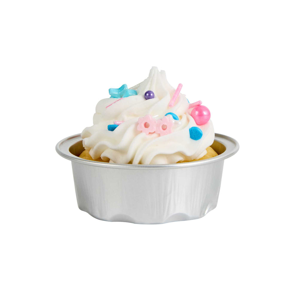 Pastry Tek 2 oz Round Silver Aluminum Baking Cup - with Plastic Dome Lid - 2 3/4" x 2 3/4" x 1" - 100 count box