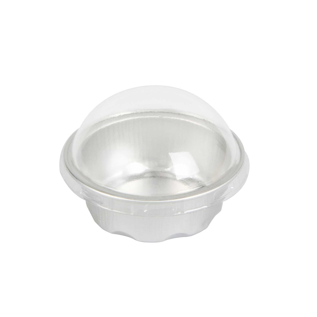 Pastry Tek 2 oz Round Silver Aluminum Baking Cup - with Plastic Dome Lid - 2 3/4" x 2 3/4" x 1" - 100 count box