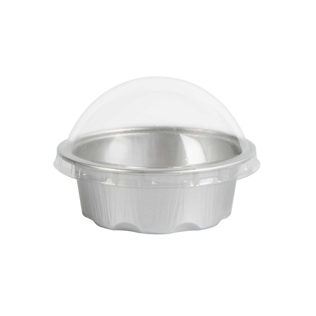Pastry Tek 2 oz Round Silver Aluminum Baking Cup - with Plastic Dome Lid - 2 3/4" x 2 3/4" x 1" - 100 count box