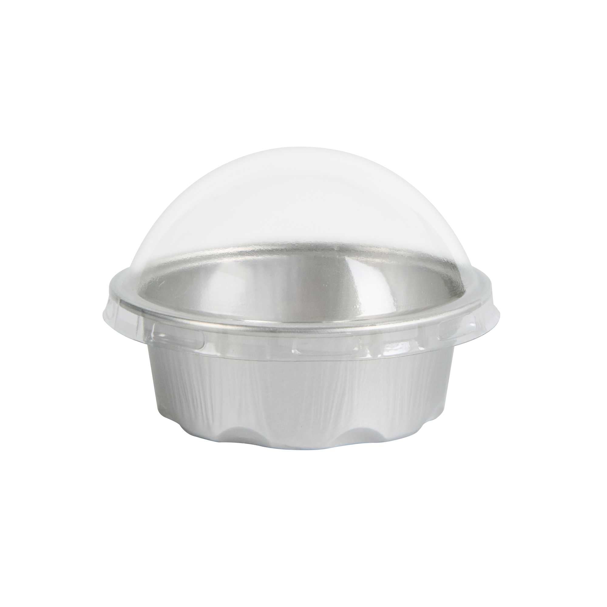 Pastry Tek 2 oz Round Silver Aluminum Baking Cup - with Plastic Dome Lid - 2 3/4" x 2 3/4" x 1" - 100 count box