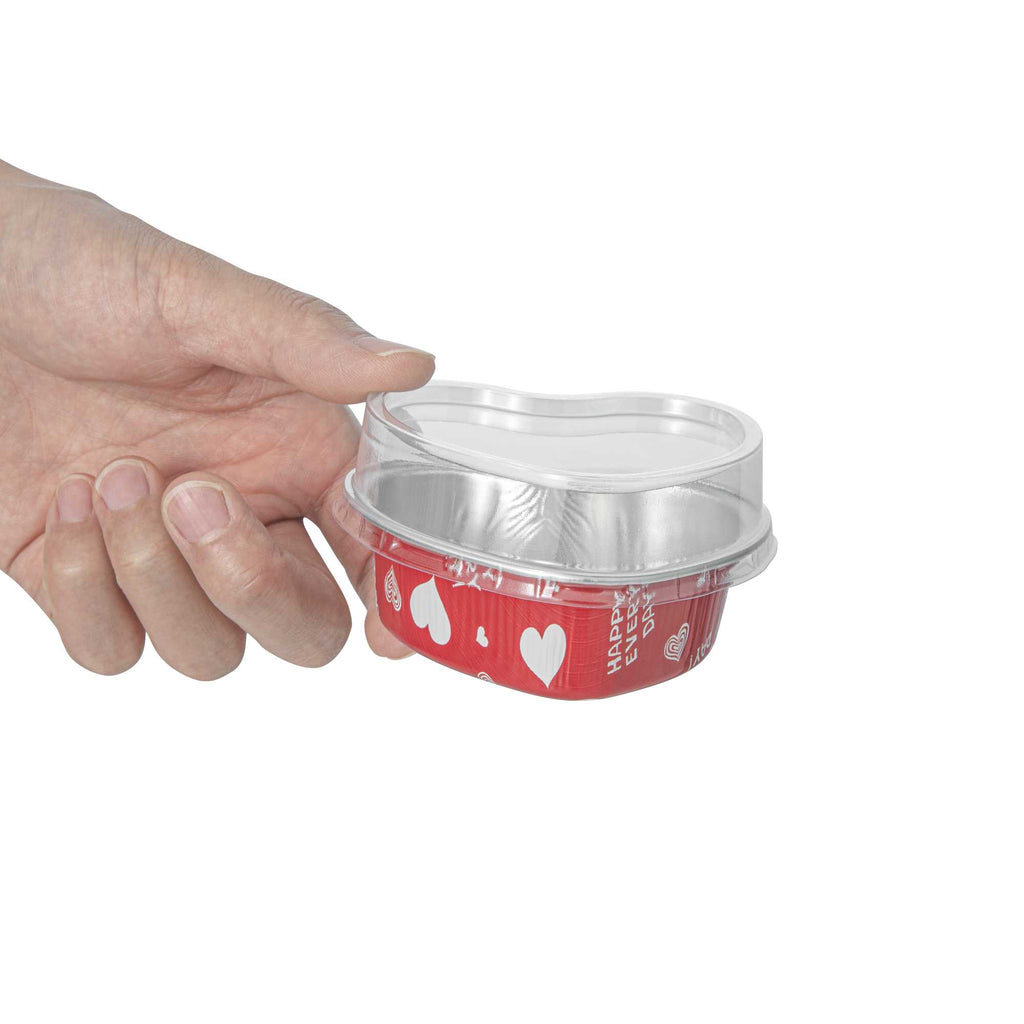 Pastry Tek 3 oz Heart Happy Hour Aluminum Baking Cup - with Plastic Dome Lid - 3 1/2" x 3 1/2" x 1 1/4" - 100 count box
