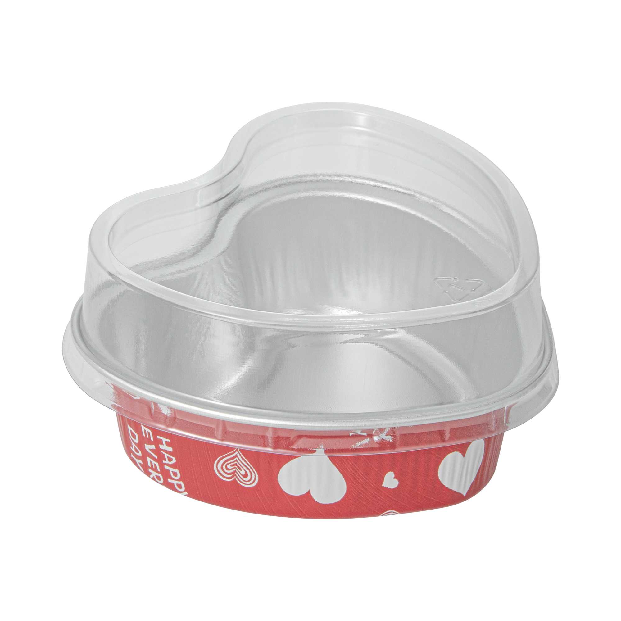 Pastry Tek 3 oz Heart Happy Hour Aluminum Baking Cup - with Plastic Dome Lid - 3 1/2" x 3 1/2" x 1 1/4" - 100 count box