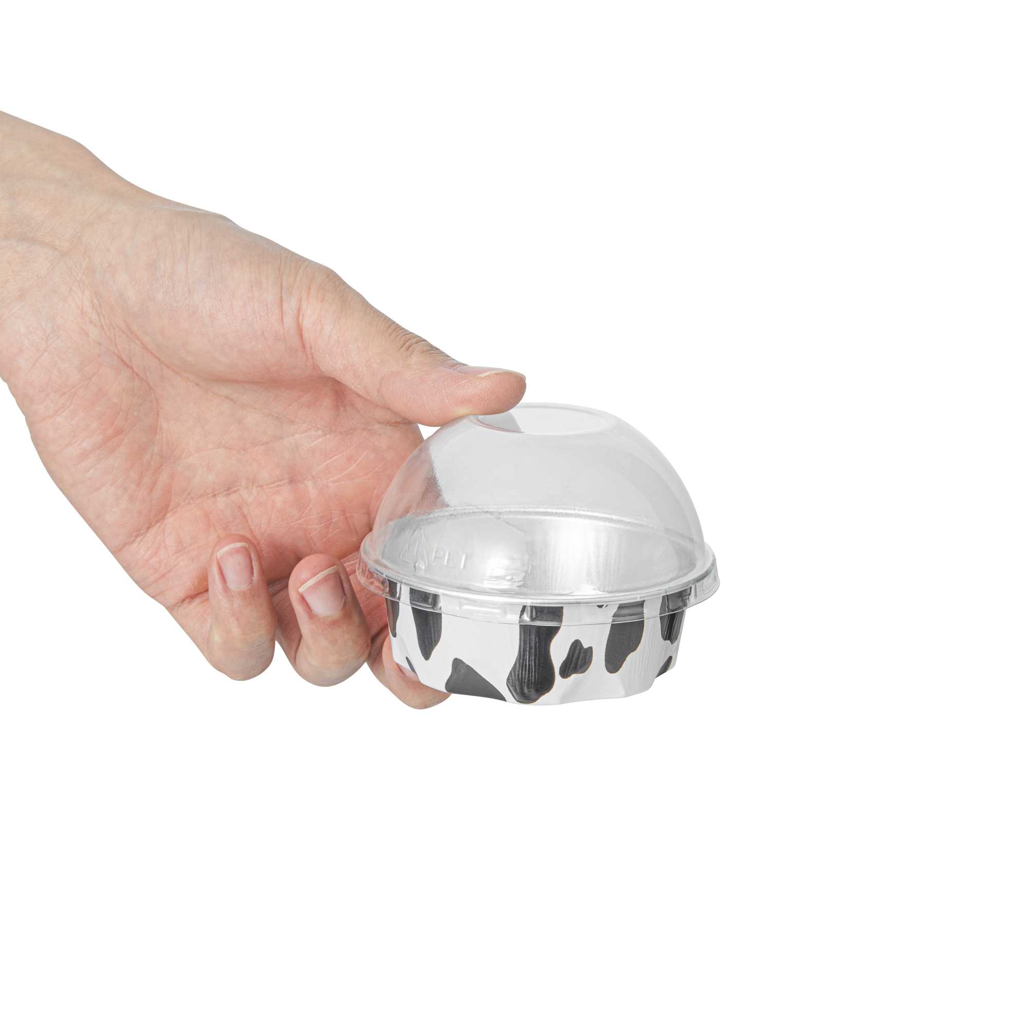 Pastry Tek 3 oz Round Cow Lines Aluminum Baking Cup - with Plastic Dome Lid - 3 1/4" x 3 1/4" x 1" - 100 count box