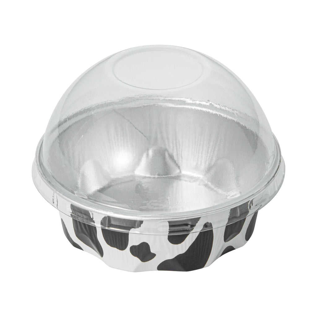 Pastry Tek 3 oz Round Cow Lines Aluminum Baking Cup - with Plastic Dome Lid - 3 1/4" x 3 1/4" x 1" - 100 count box