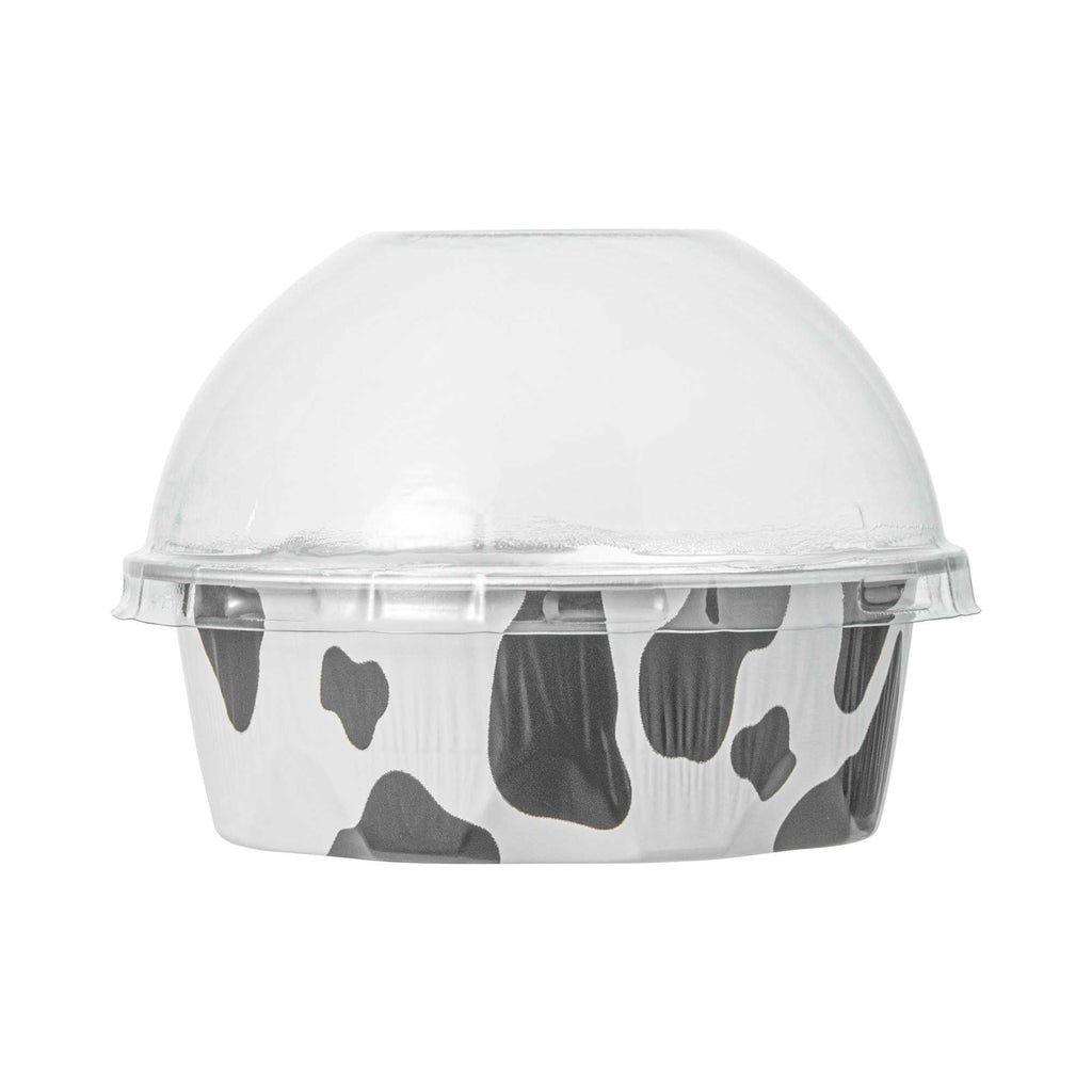 Pastry Tek 3 oz Round Cow Lines Aluminum Baking Cup - with Plastic Dome Lid - 3 1/4" x 3 1/4" x 1" - 100 count box