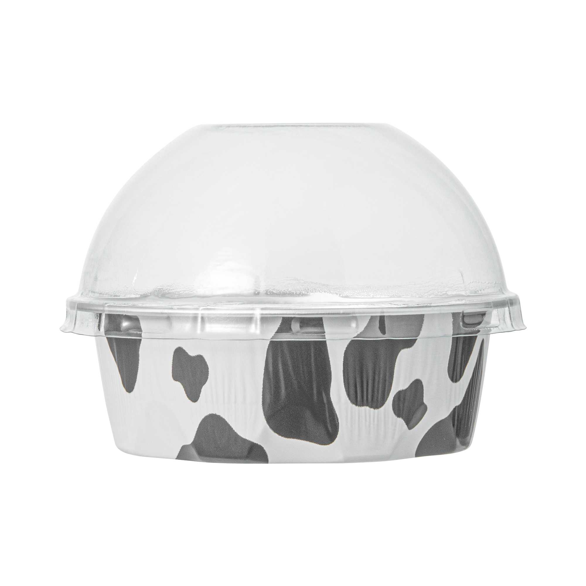 Pastry Tek 3 oz Round Cow Lines Aluminum Baking Cup - with Plastic Dome Lid - 3 1/4" x 3 1/4" x 1" - 100 count box