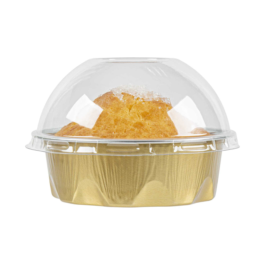 Pastry Tek 3 oz Round Gold Aluminum Baking Cup - with Plastic Dome Lid - 3 1/4" x 3 1/4" x 1" - 100 count box