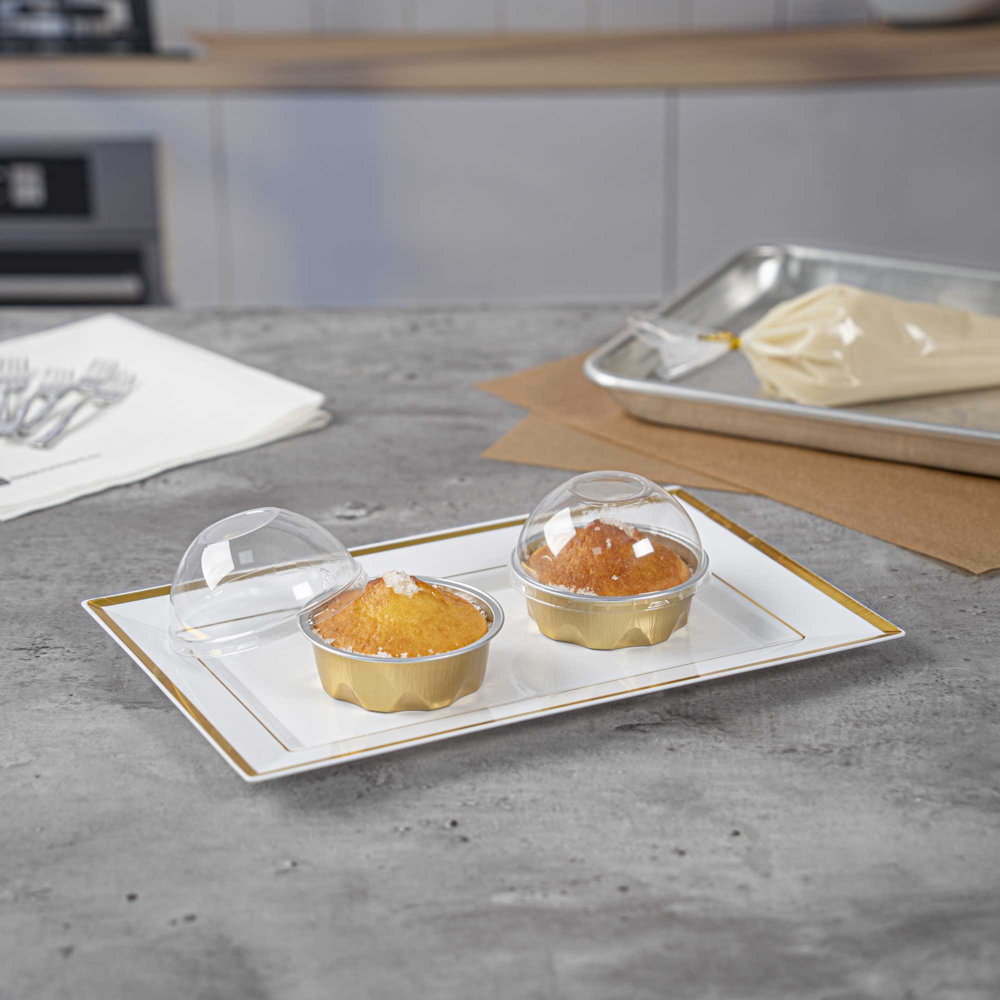 Pastry Tek 3 oz Round Gold Aluminum Baking Cup - with Plastic Dome Lid - 3 1/4" x 3 1/4" x 1" - 100 count box
