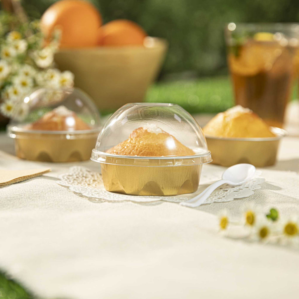 Pastry Tek 3 oz Round Gold Aluminum Baking Cup - with Plastic Dome Lid - 3 1/4" x 3 1/4" x 1" - 100 count box