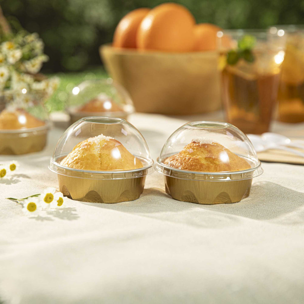 Pastry Tek 3 oz Round Gold Aluminum Baking Cup - with Plastic Dome Lid - 3 1/4" x 3 1/4" x 1" - 100 count box