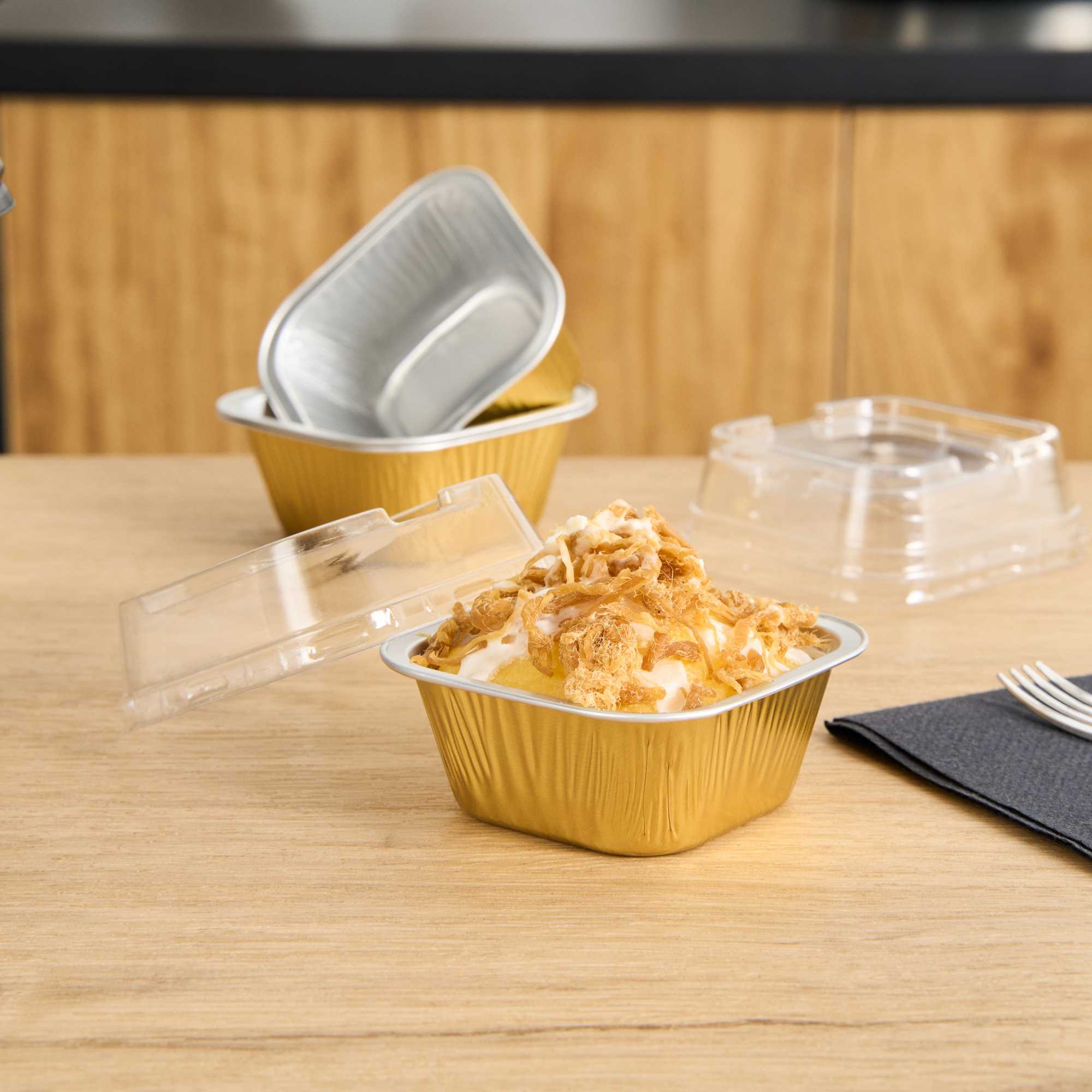 Pastry Tek 3 oz Square Gold Aluminum Baking Cup - with Plastic Dome Lid - 3" x 3" x 1 1/4" - 100 count box