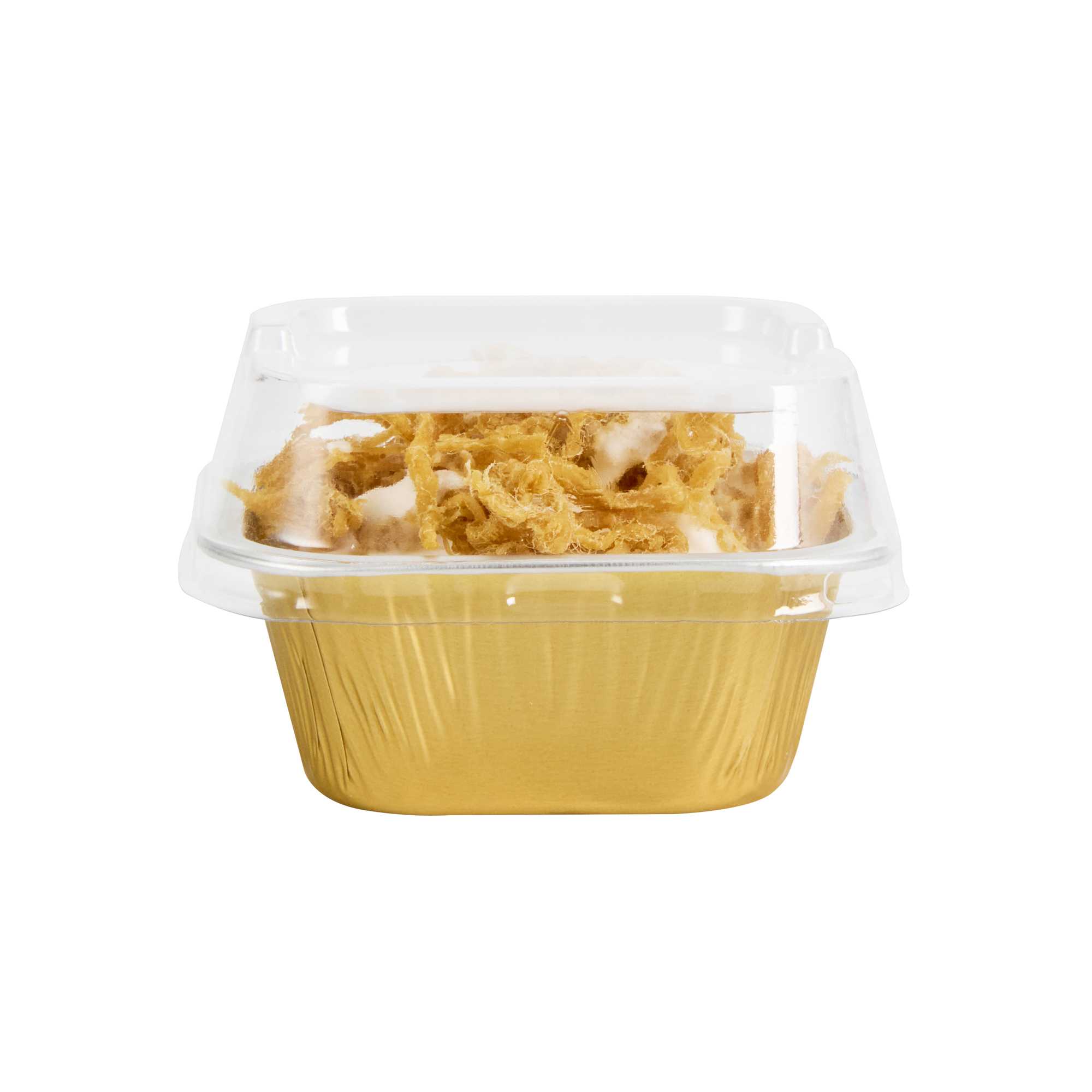 Pastry Tek 3 oz Square Gold Aluminum Baking Cup - with Plastic Dome Lid - 3" x 3" x 1 1/4" - 100 count box