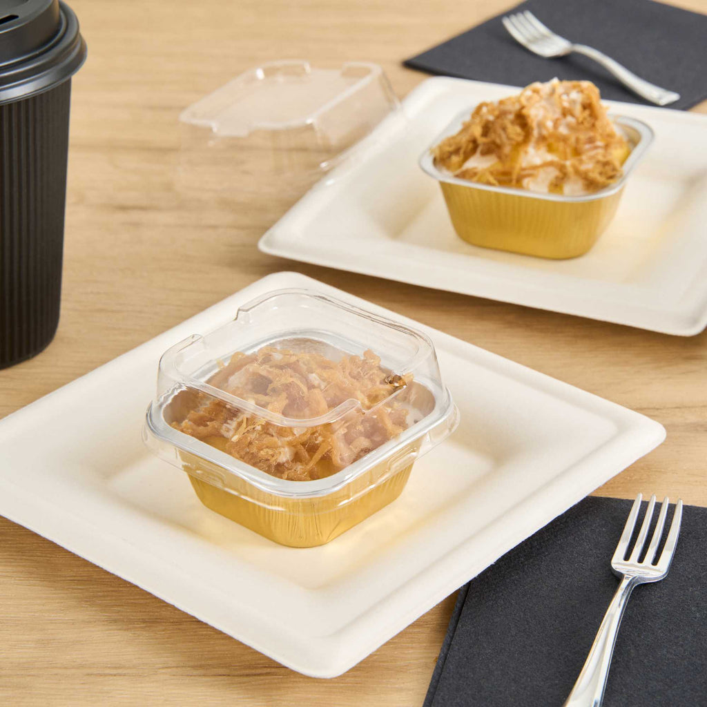 Pastry Tek 3 oz Square Gold Aluminum Baking Cup - with Plastic Dome Lid - 3" x 3" x 1 1/4" - 100 count box