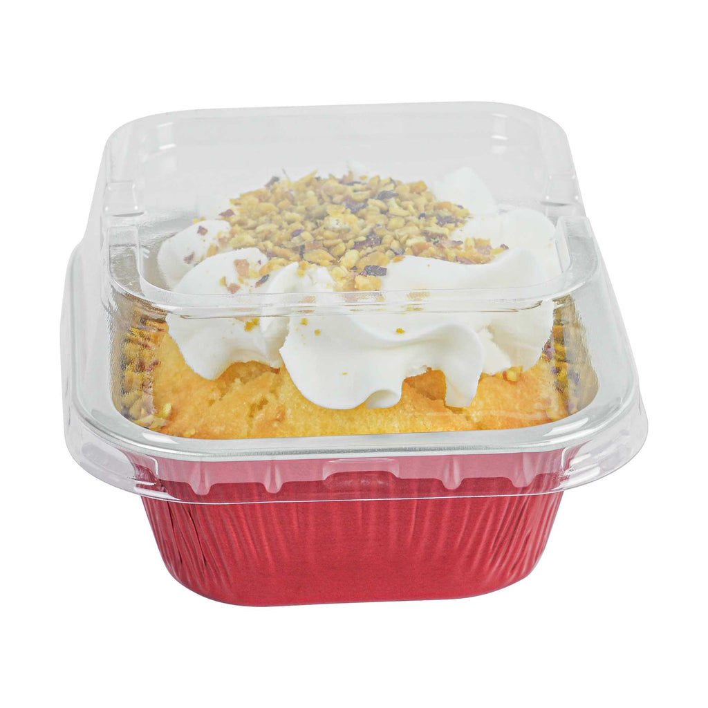 Pastry Tek 3 oz Square Red Aluminum Quadro Baking Cup - with Plastic Dome Lid - 3" x 3" x 1 1/4" - 100 count box