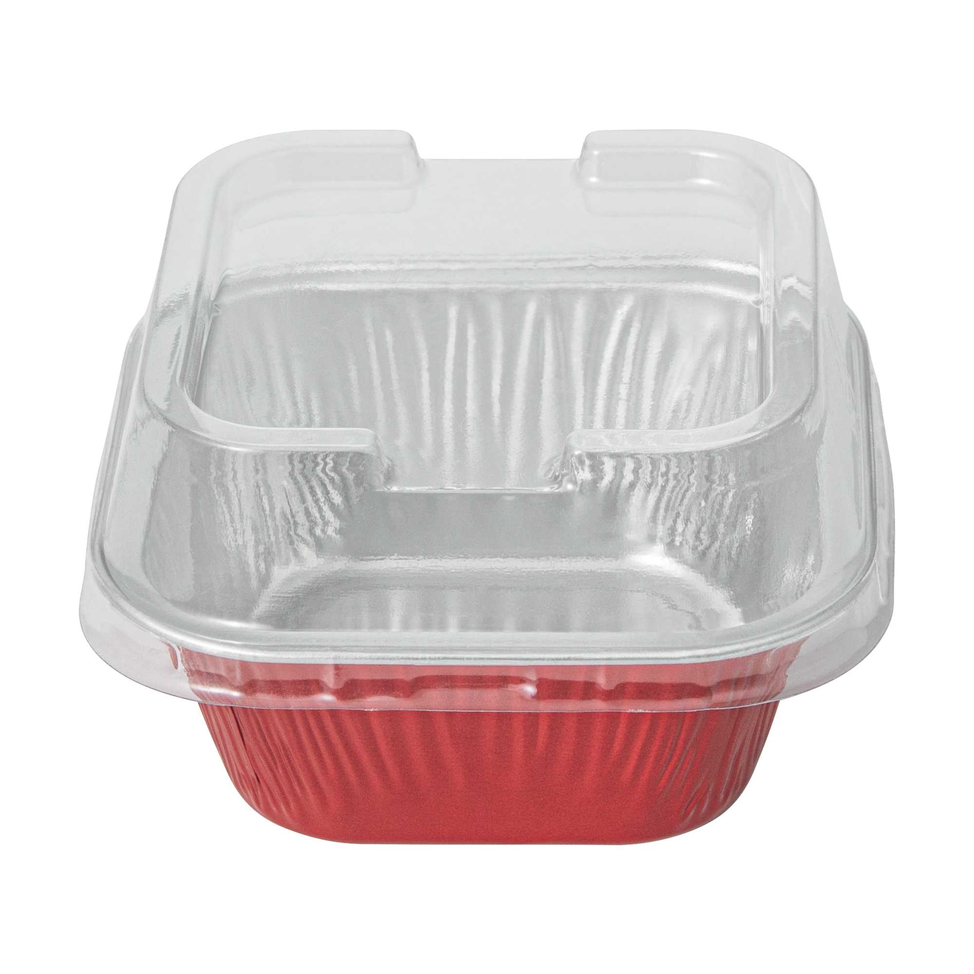 Pastry Tek 3 oz Square Red Aluminum Quadro Baking Cup - with Plastic Dome Lid - 3" x 3" x 1 1/4" - 100 count box