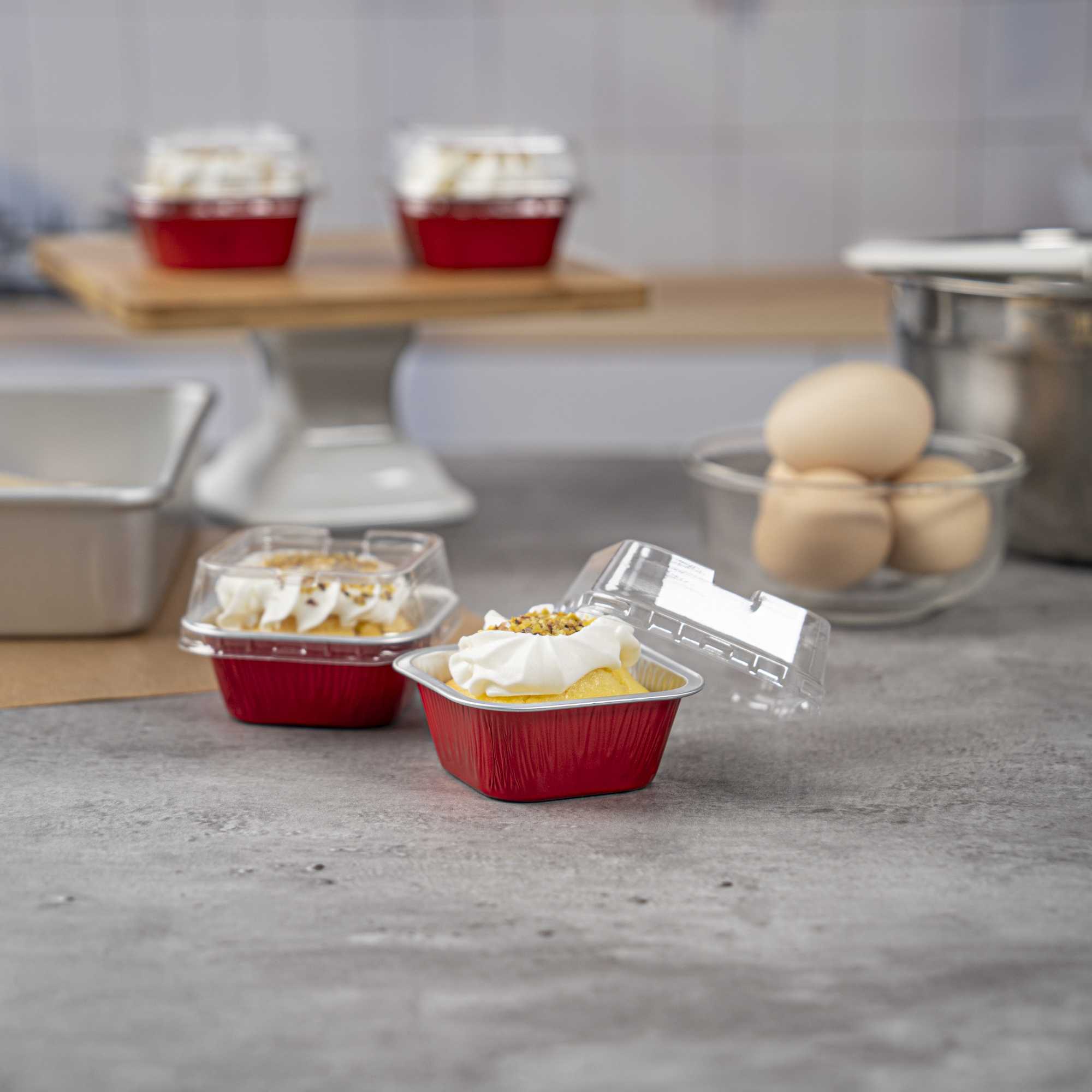 Pastry Tek 3 oz Square Red Aluminum Quadro Baking Cup - with Plastic Dome Lid - 3" x 3" x 1 1/4" - 100 count box