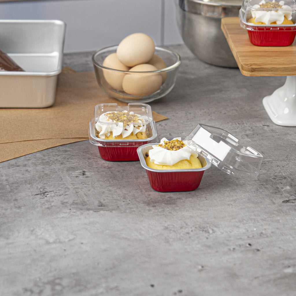 Pastry Tek 3 oz Square Red Aluminum Quadro Baking Cup - with Plastic Dome Lid - 3" x 3" x 1 1/4" - 100 count box